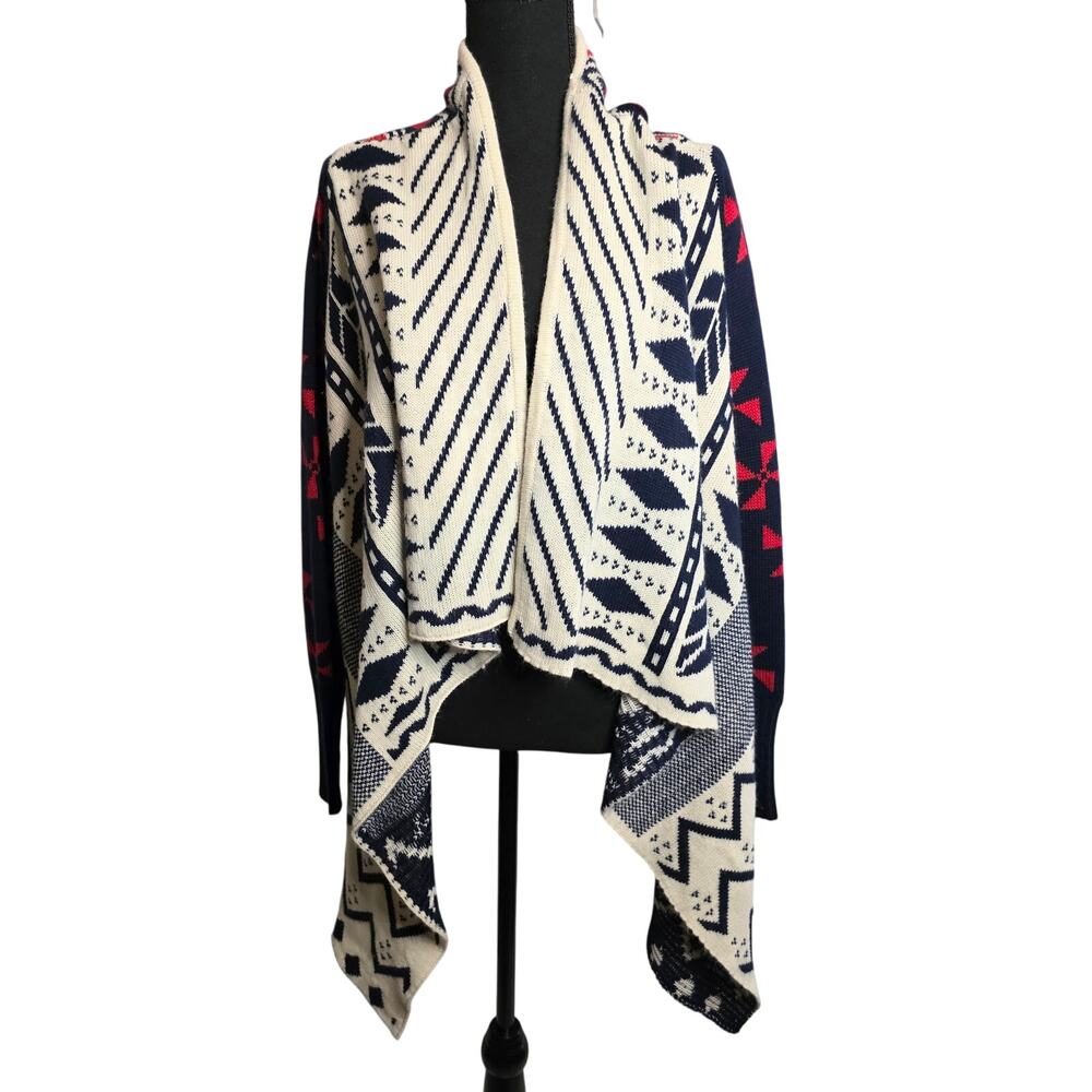 KATE Collection Open Front Sweater Cardigan Shawl Red White Blue Size S Boho